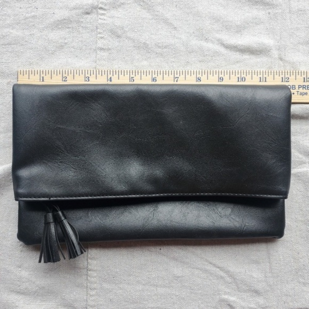 MONAT Clutch Bag Black Faux Leather Foldover Tassel Evening Purse One Size